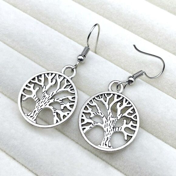 Silver Round Boho Style Intricate Tree of Life Dangling Drop Hook Earrings - Picture 7 of 9